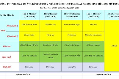 CÔNG KHAI THỰC ĐƠN ĂN BÁN TRÚ HỌC SINH TỪ NGÀY 12.1-15.1-2026