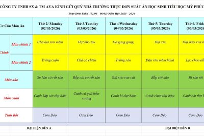 THỰC ĐƠN ĂN BÁN TRÚ HỌC SINH TỪ NGÀY 02.3-6.3.2026