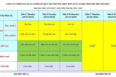 THỰC ĐƠN ĂN BÁN TRÚ HỌC SINH TỪ NGÀY 29.12-31.12-2025
