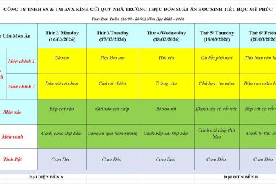 THỰC ĐƠN ĂN BÁN TRÚ HS TỪ NGÀY 16/3-20/3/2026