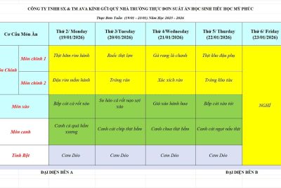 CÔNG KHAI THỰC ĐƠN ĂN BÁN TRÚ HỌC SINH TỪ NGÀY 19.1-22.1.2026