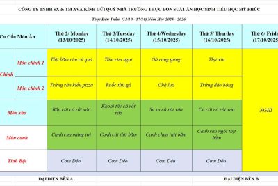 Công khai thực đơn ăn bán trú từ ngày 13.10-16.10.2025