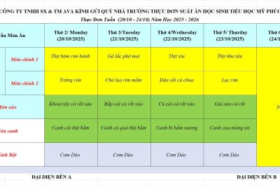 Công khai thực đơn ăn bán trú học sinh từ ngày 20/10/2025-23/10/2025
