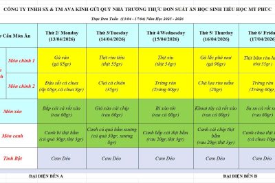 Công khai thực đơn ăn bán trú hs từ ngày 13.4-17.4.2026
