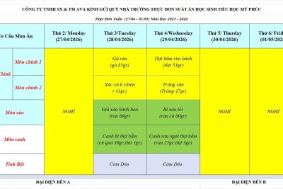 Thực đơn ăn bán trú học sinh từ ngày 28.4-29.4.2026