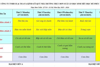 Công khai thực đơn ăn bán trú học sinh từ ngày 27/10-30/10/2025